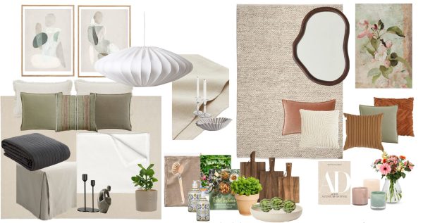 Moodboard med textilier, tavlor, kuddar och inredningsdetaljer
